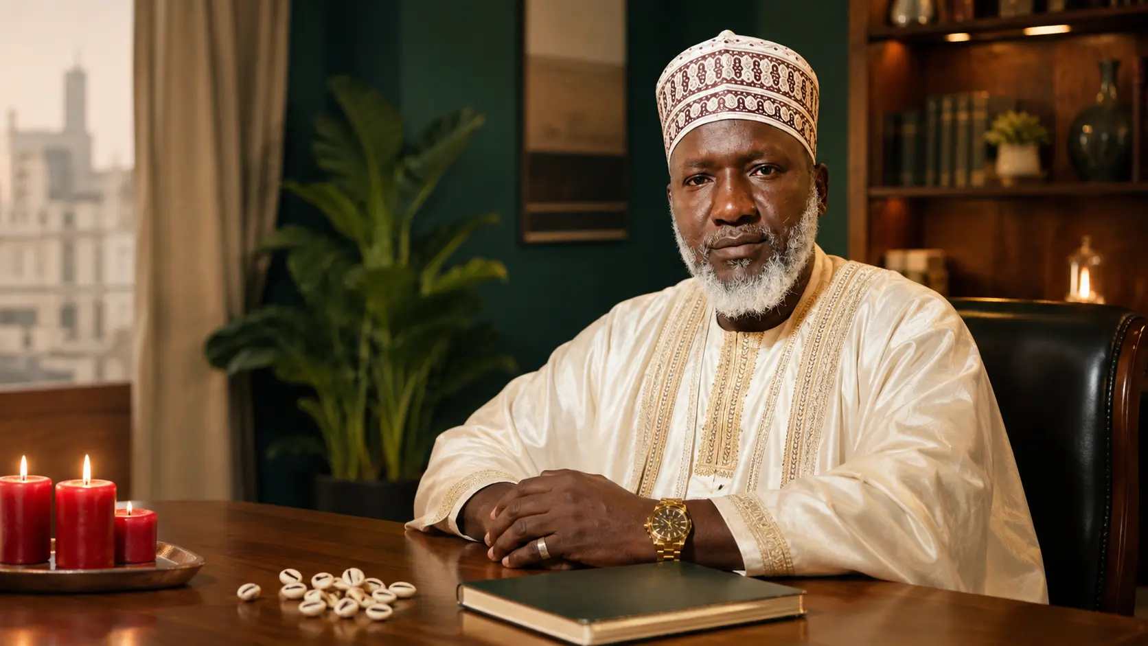 Ayub, African spiritual healer seated in his London consultation room